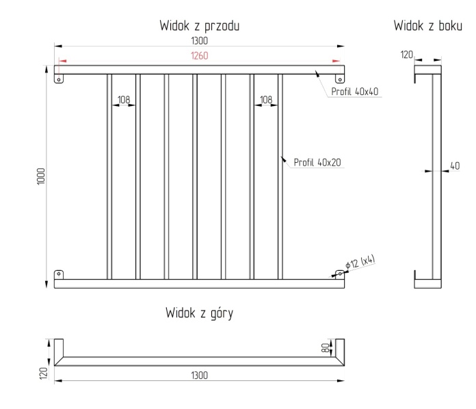 dane techniczne balustrady francuskiej SB-13/7